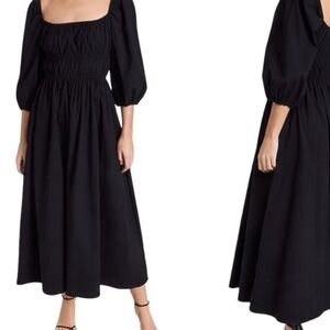 Reformation Bennie Black Smocked Square-Neck Maxi Dress